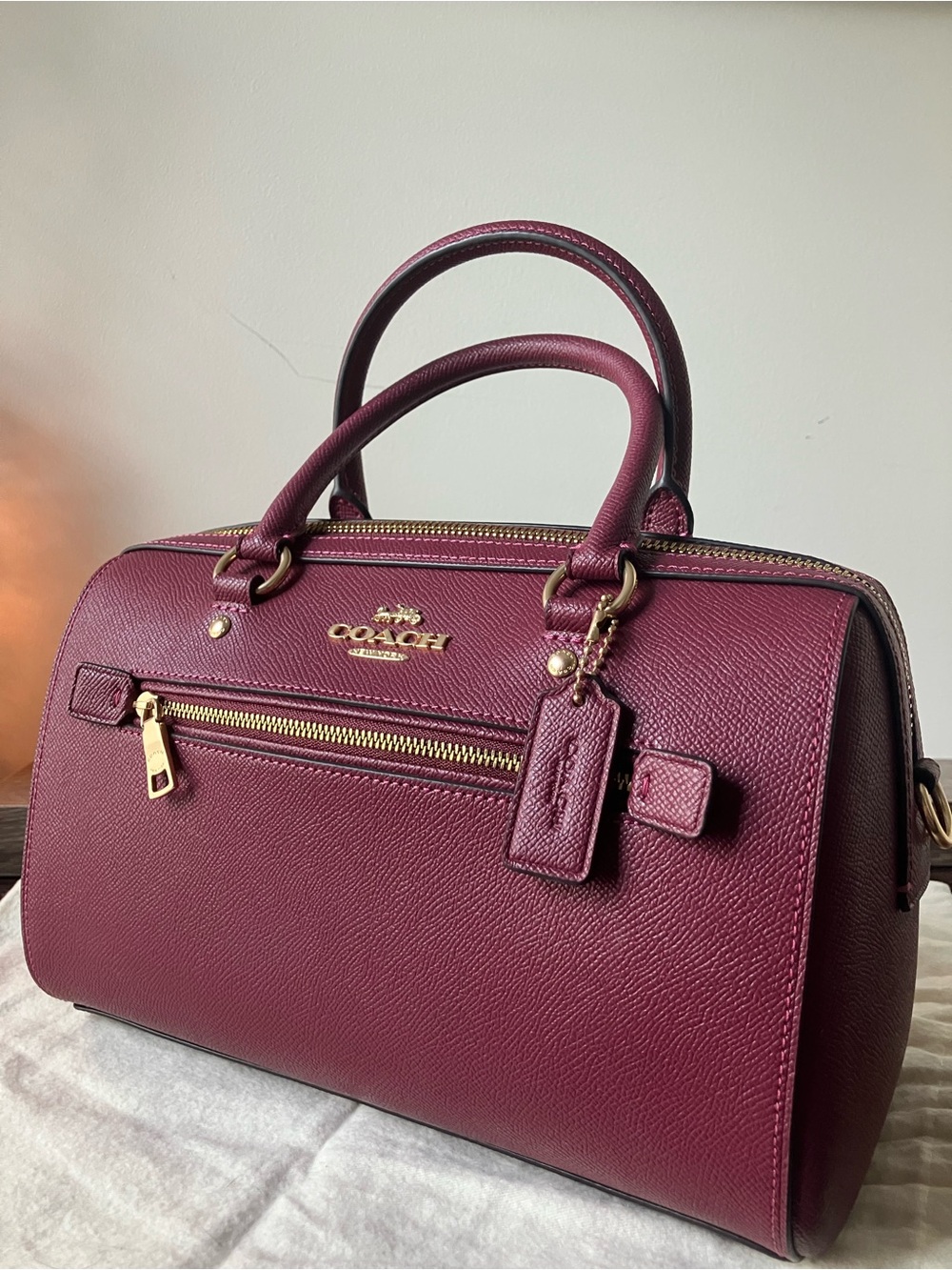 COACH Purse Rowan Satchel Leather Handbag in Berry Pink / Burgundy - Picture 3 of 13